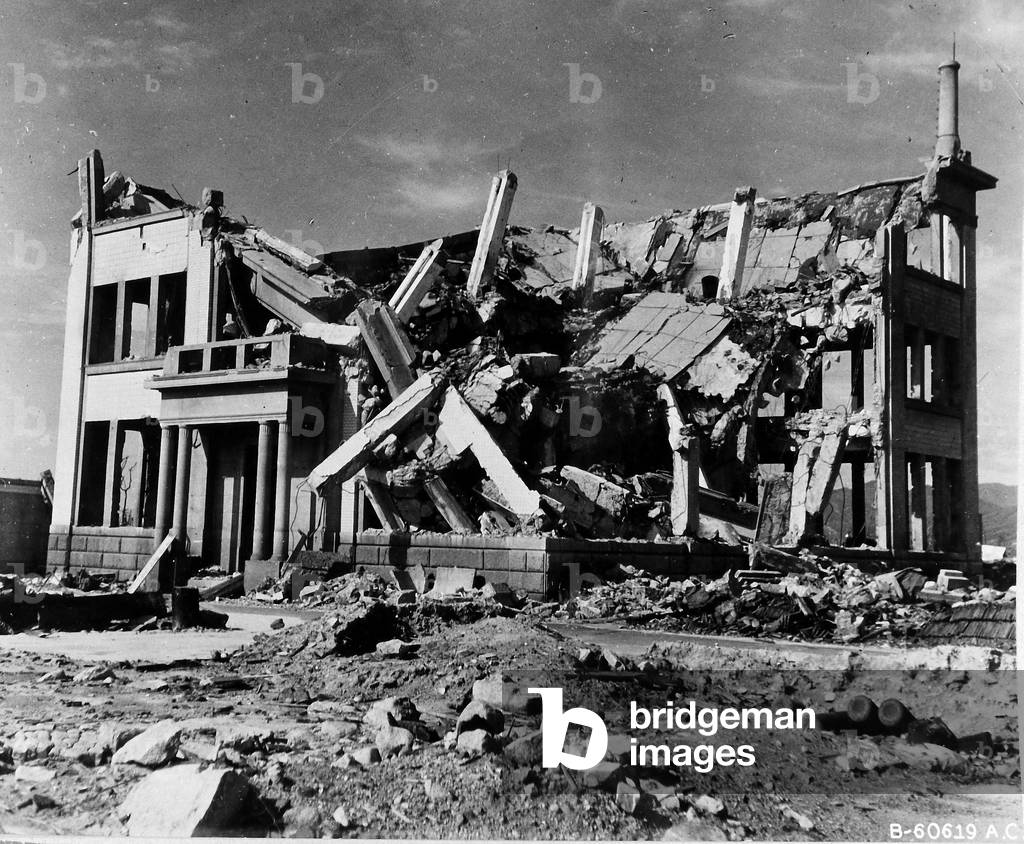 Destroyed Chugoku Coal Distribution Company building in Hiroshima (also known as the Hiroshima Gas Company; Building 12), Japan, 8th November 1945 (b/w photo)