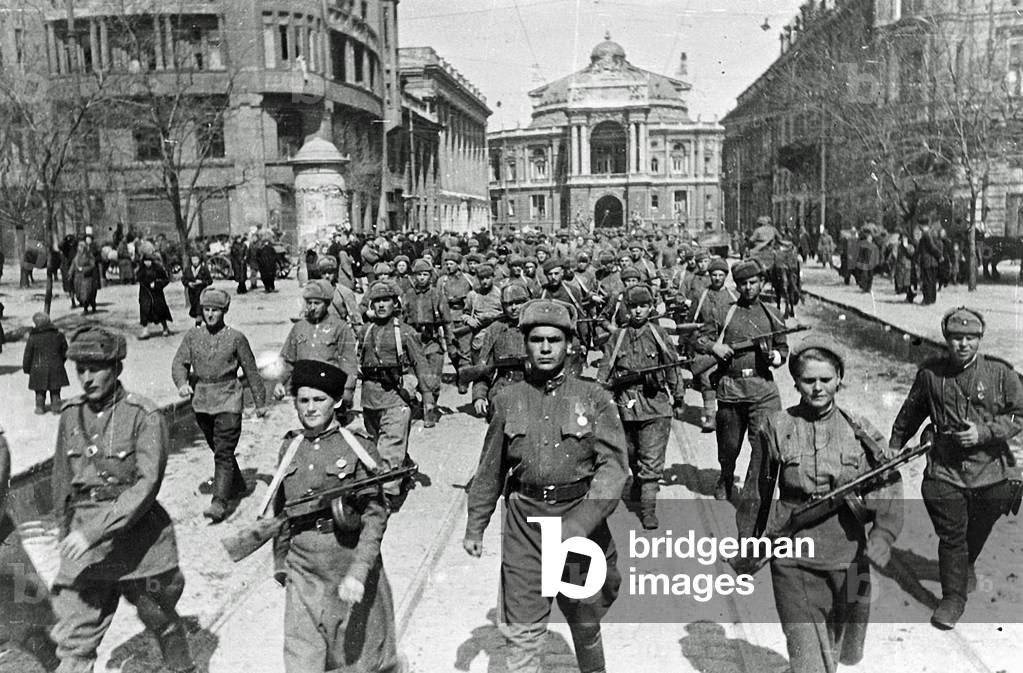 The 8th Guard of the Army of General Chuikov on the streets of Odessa, USSR, April 1944 (b/w photo)