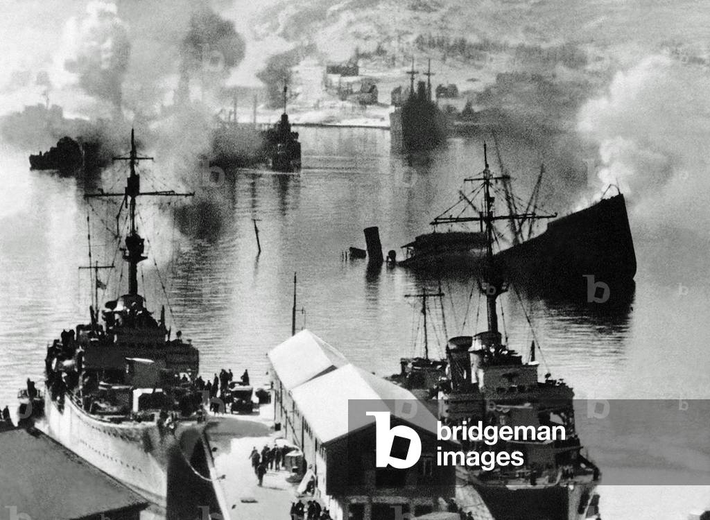 The remains of a naval battle, Narvik, Norway, 1940 (b/w photo)