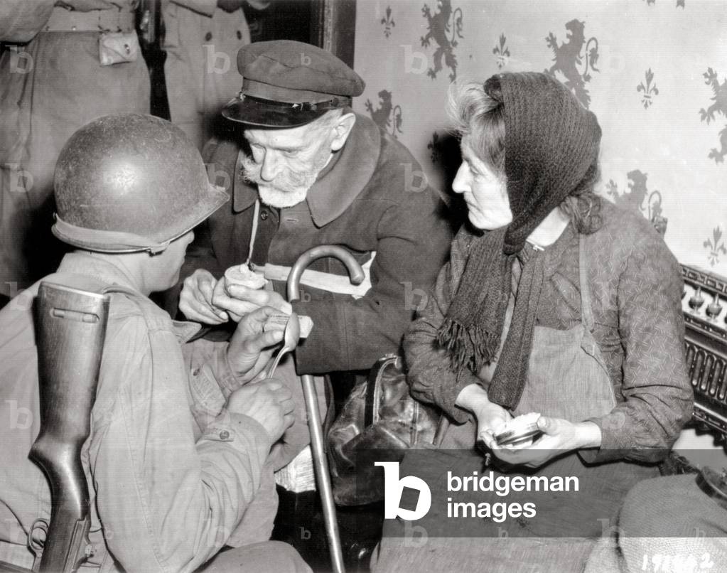 Two days after the liberation of the city, Eugene and Honorine Sérée have just returned from Douville, La Haye-du-Puits, Normandy, France, 11th July 1944 (b/w photo)