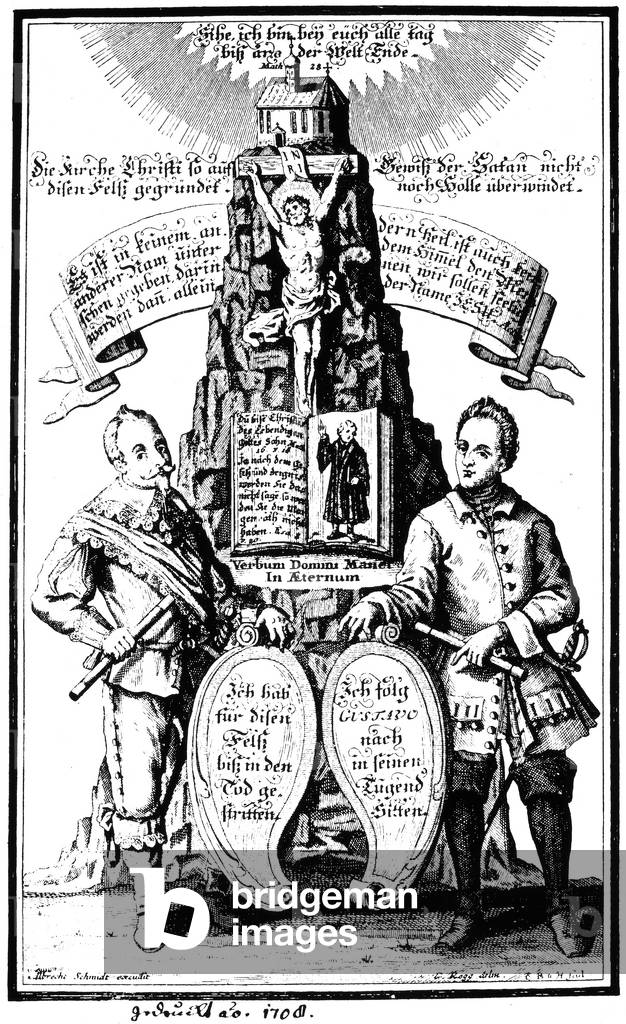 GUSTAVUS II & CHARLES XII Engraved Lutheran memento mori, 1708, dedicated to Kings Gustavus Adolphus (left) and Charles XII of Sweden.