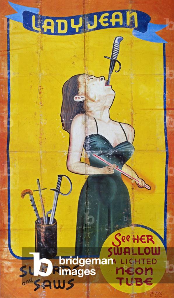 SWORD SWALLOWER, c.1955 American sideshow poster featuring sword swallower Lady Jean, swallowing swords, saws and a neon tube c.1955.