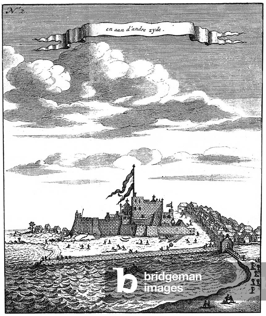 AFRICA: EL MINA FORTRESS El Mina, the Portugese slave trading fortress on the Guinea coast, taken by the Dutch in 1637. Line engraving, Dutch, 1704.