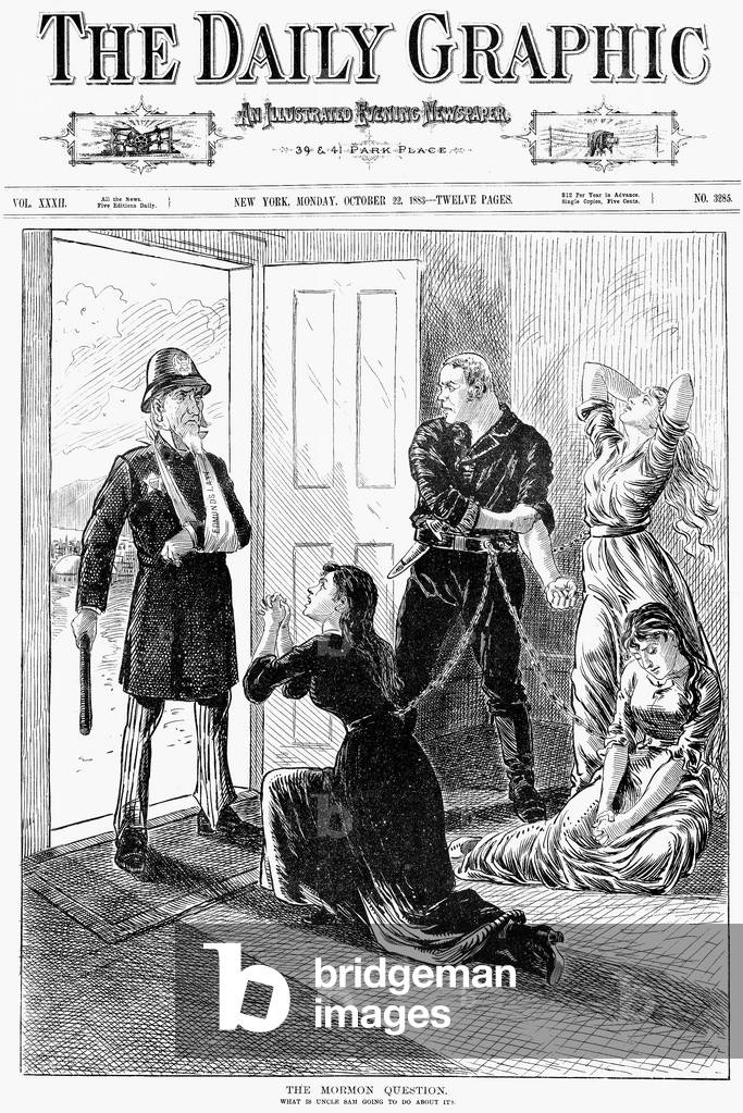 MORMONS: POLYGAMY, 1883 'The Mormon Question.' Uncle Sam, in the form of a battered police officer, tries to enforce Edmunds-Tucker Act of 1882, which declared polygamy a felony and revoked polygamists' right to vote. Cartoon from an American newspaper of 1883.