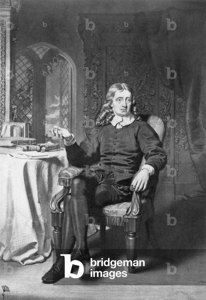 JOHN MILTON (1608-1674) English poet. Mezzotint, 19th century, after the painting, 1855, by John Faed.