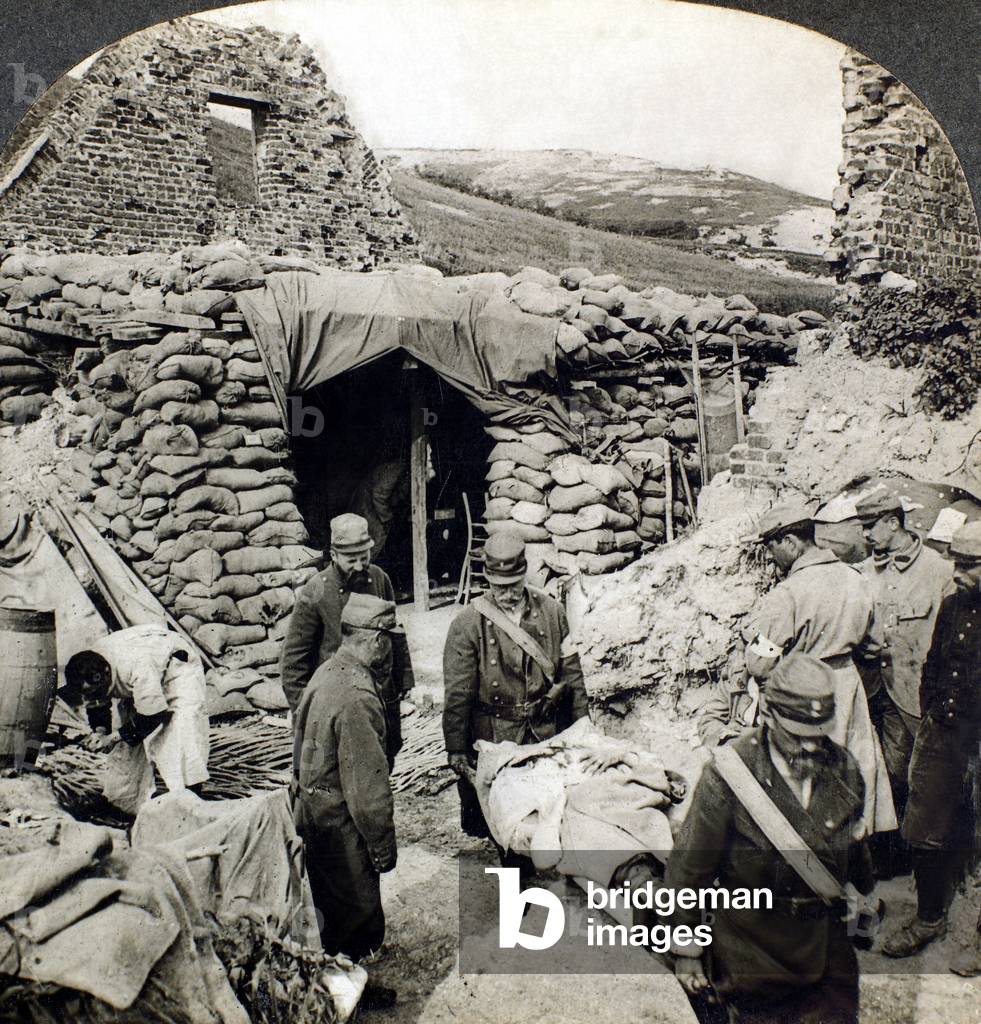 WORLD WAR I: WOUNDED, 1918 Bringing in wounded soldiers from the French front. Stereograph, c.1918.