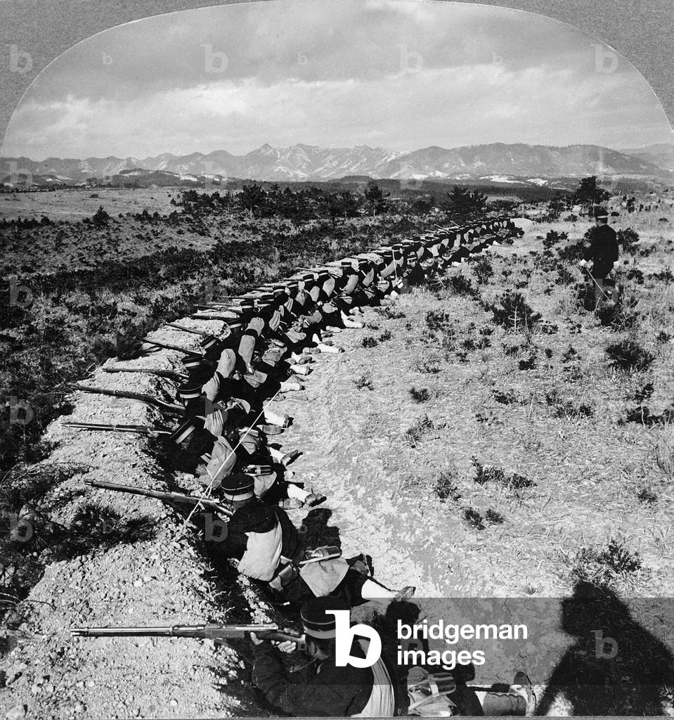 RUSSO-JAPANESE WAR, c.1906 The Mikado's soldiers behind a entrenchment, Manchuria, China. Stereograph, c.1906.