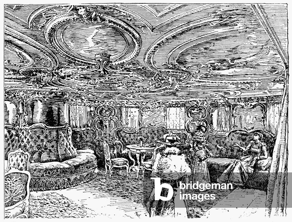 STEAMSHIP SALON, c.1890 The salon onboard a German transatlanctic passenger ship. Wood engraving, c.1890.