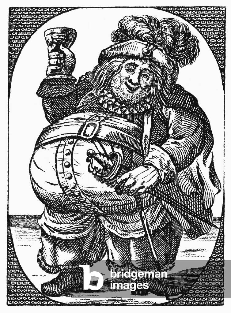 OBESE MAN WITH DRINK Line engraving, English, 18th century.