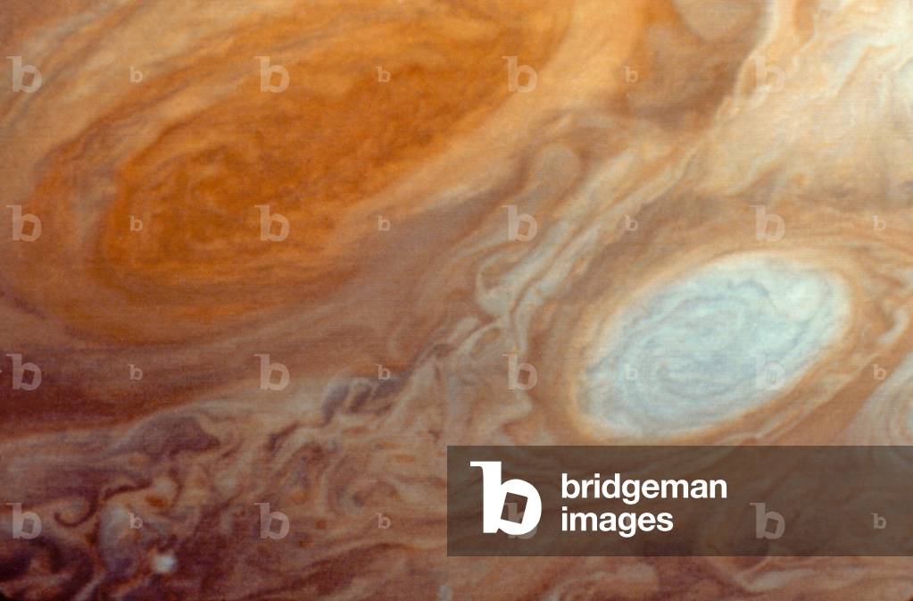 GREAT RED SPOT OF JUPITER and white storm center.