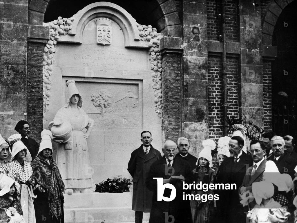 FRANCE: CAMEMBERT, 1928 The unveiling in 1928 at Vimoutiers near Camembert, of a statue of Marie Harrell, who, according to legend, invented the method of making Camembert cheese during the French Revolution.