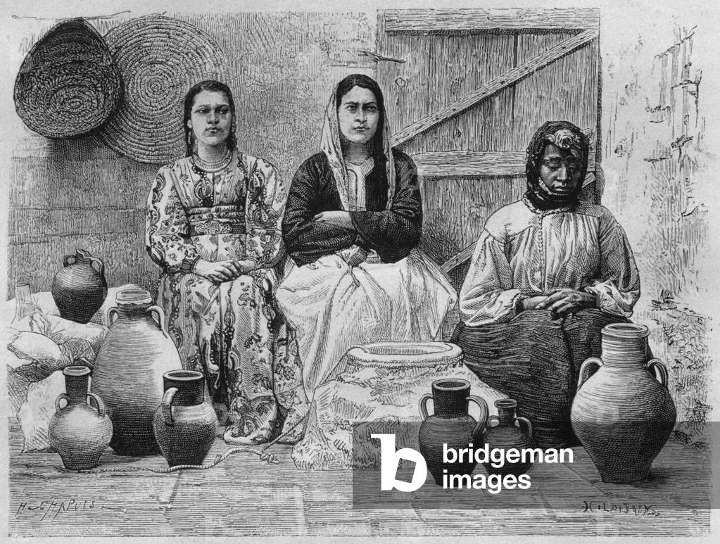 Oil merchants at Jerusalem, from 'La Syrie d'aujourd'hui. Voyages dans la Phenicie, le Liban et la Judee. 1875-1880' of Louis Charles Emile Lortet, 1884 (b/w engraving)
