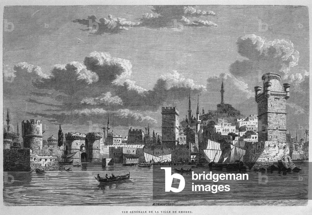 General view of Rhodes, from 'La Syrie d'aujourd'hui. Voyages dans la Phenicie, le Liban et la Judee. 1875-1880' of Louis Charles Emile Lortet, 1884 (b/w engraving)