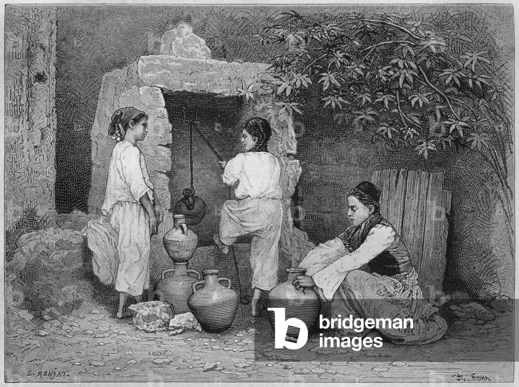 At the well, St. Jean d'Acre, from 'La Syrie d'aujourd'hui. Voyages dans la Phenicie, le Liban et la Judee. 1875-1880' of Louis Charles Emile Lortet, 1884 (b/w engraving)