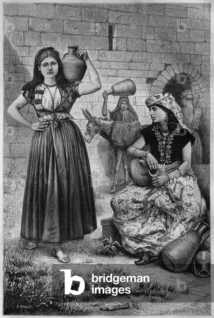 At the well, Hiram, from 'La Syrie d'aujourd'hui. Voyages dans la Phenicie, le Liban et la Judee. 1875-1880' of Louis Charles Emile Lortet, 1884 (b/w engraving)