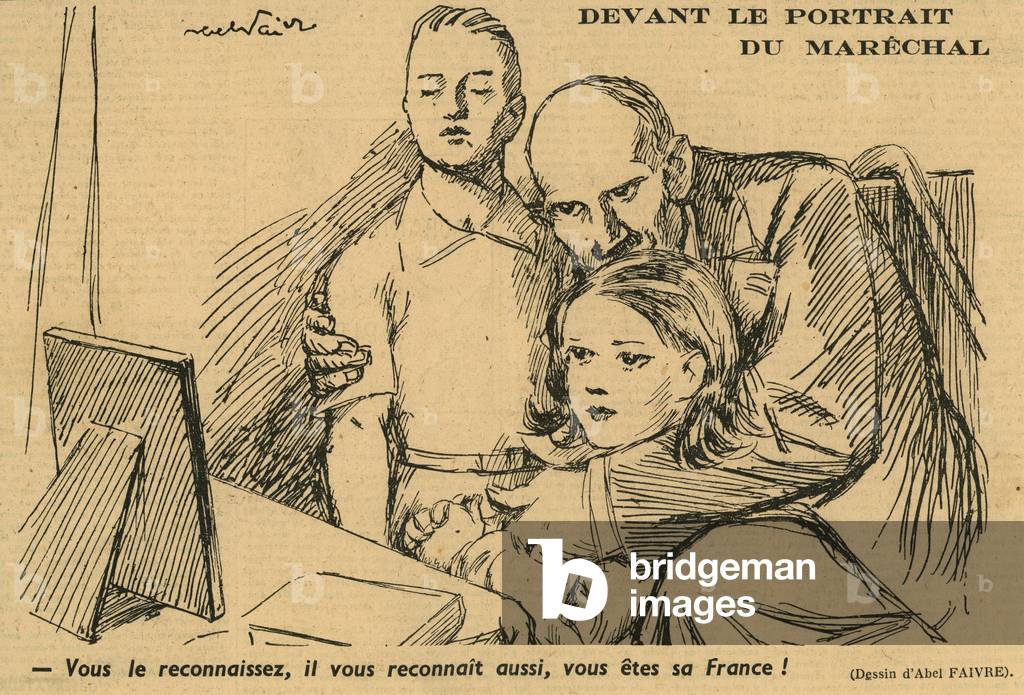 In front of the portrait of the Marechal Drawing of Abel Faivre published in the front page of the newspaper Candide in November 1940