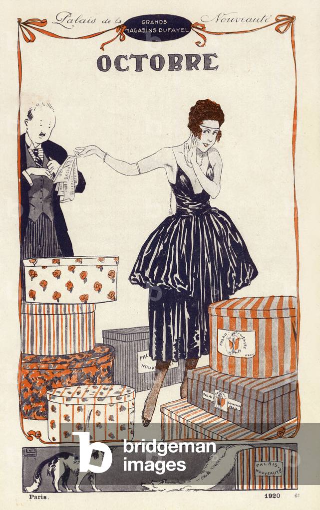 October, woman giving bills to her husband, c.1920 (illustration)