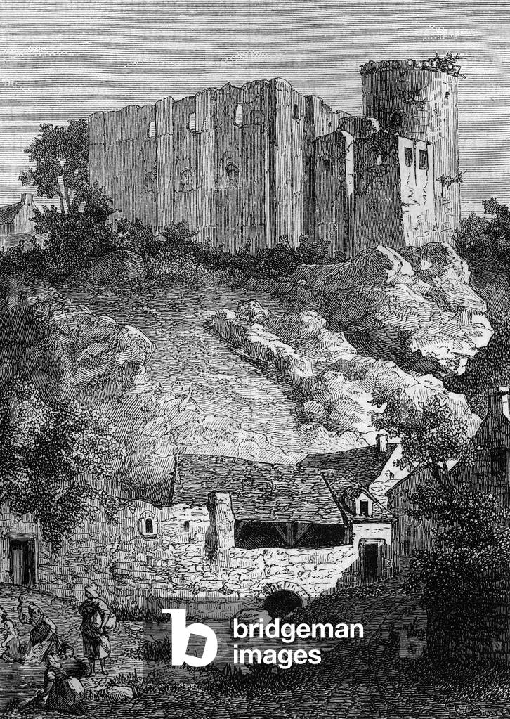 Chateau de Falaise and Arlette fountain, 19th century (engraving)