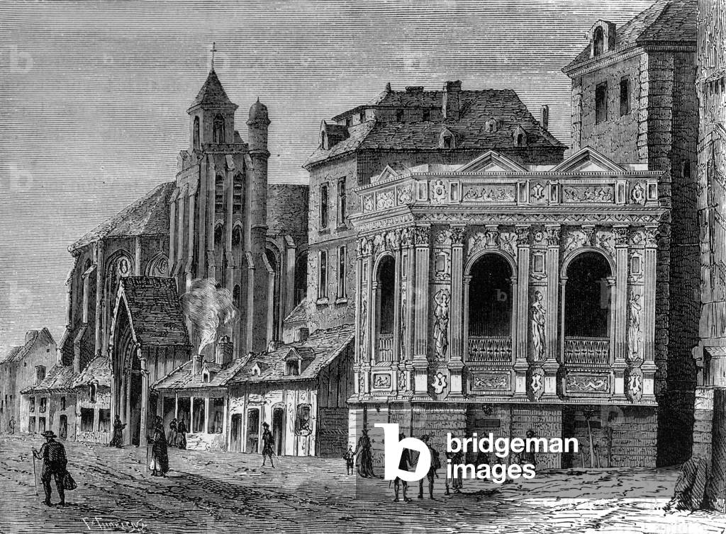 Fountain and church of the Innocents, 19th century (engraving)
