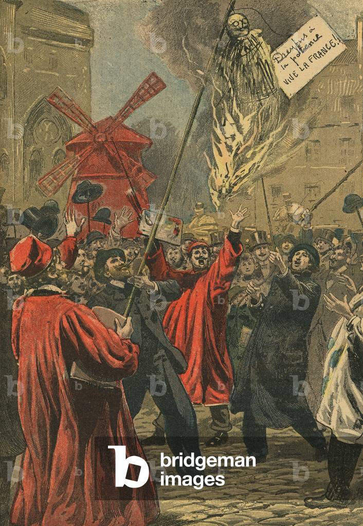 Antisemite agitation in Paris A Montmartre Mathieu Dreyfus is burning in effigy by young men Le Pelerin January 1898