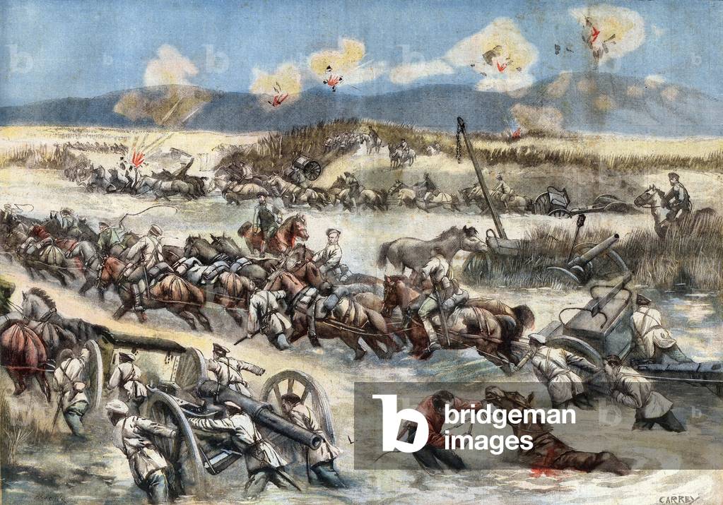 Russo japanese war: retreat of Liao-Yang: russian battery in mud (print)