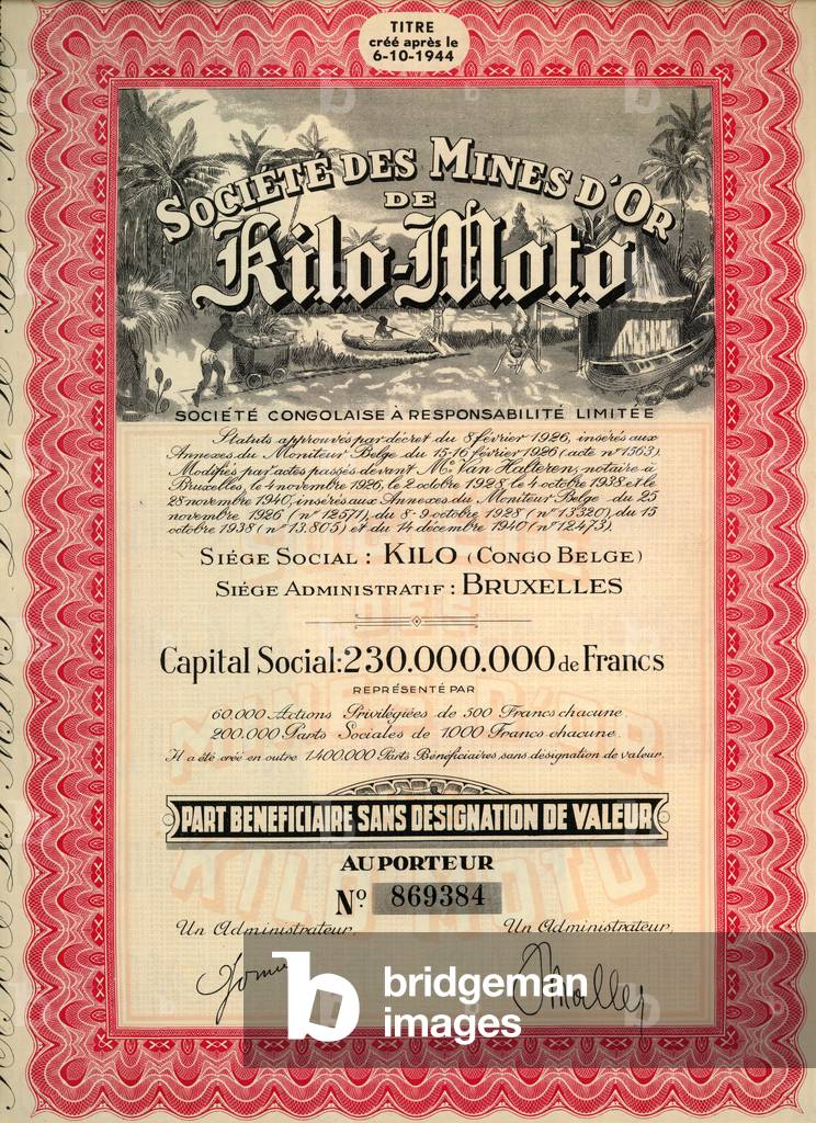 Title to the bearer of the Societe des Mines d Or de Kilo Moto Societe congolaise a limited responsibility Belgian Congo circa 1950