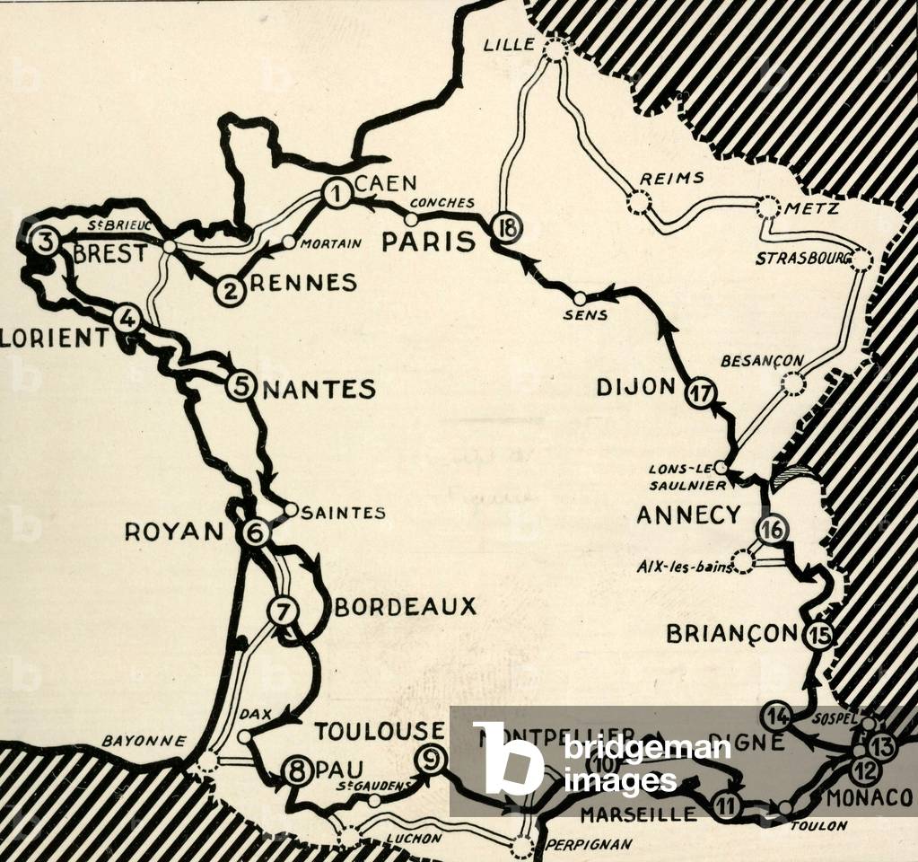 Map of the 1939 Cycling Tour de France
