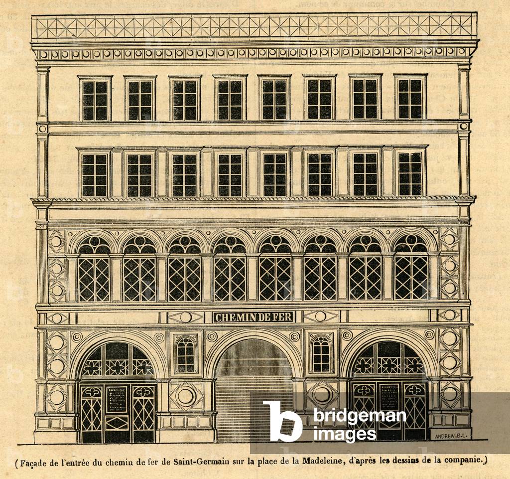Facade of the entrance to the Saint-Germain Railway on the Place de la Madeleine in Paris, 1836 (Engraving)