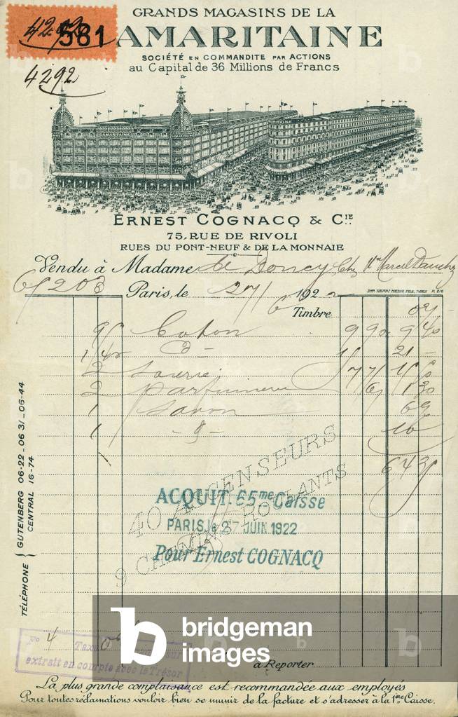 invoice of La Samaritaine department store in Paris 1922