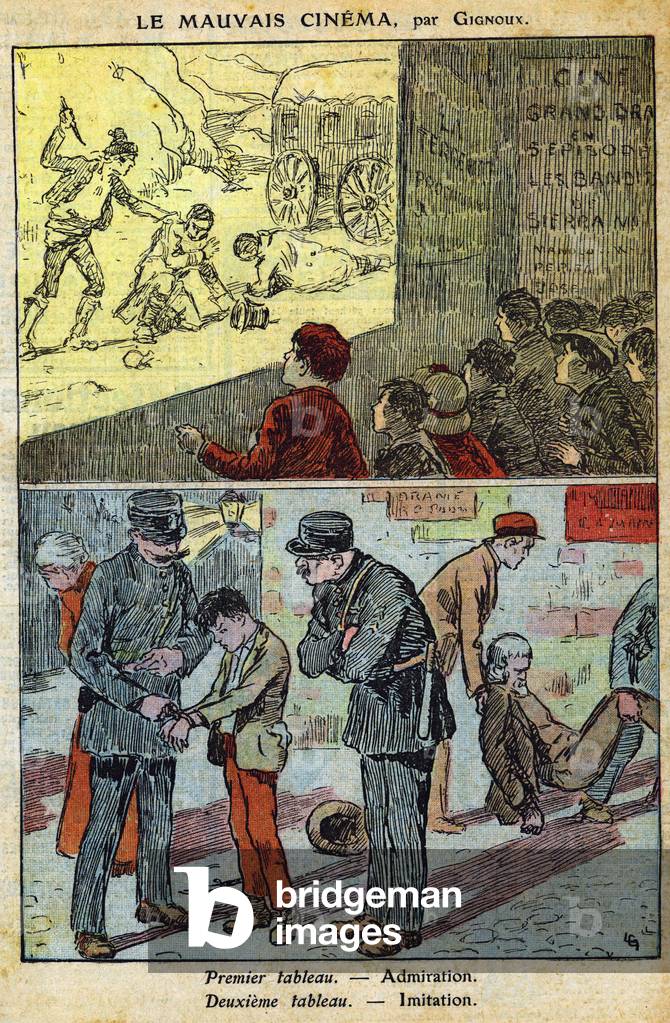 The bad cinema Influence of cinema on youth Drawing by Gignoux on the cover of Le Pelerin magazine in 1926