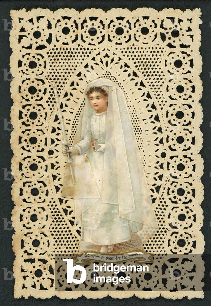souvenir of first communion pious image with lace around 1900