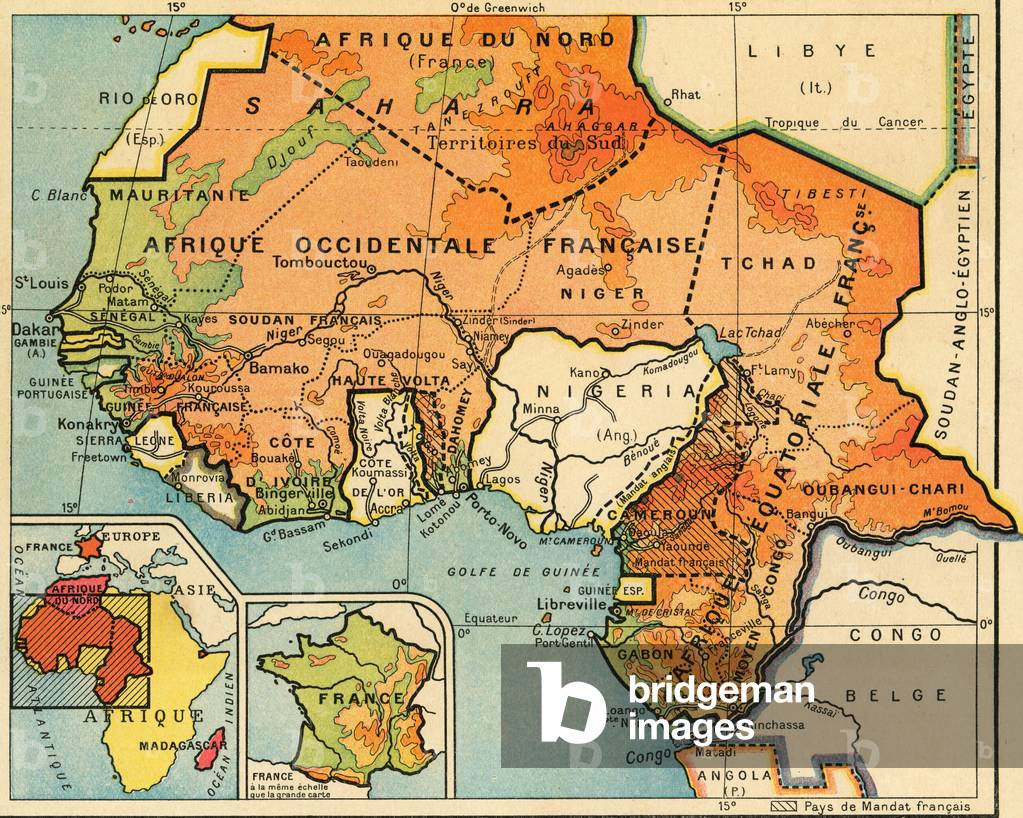 Map of West Africa Francaise AOF and Equatorial Africa Francaise AEF extracted from the Middle Course Geography book by Jean Bruhnes to the Alfred Mame editions in 1932