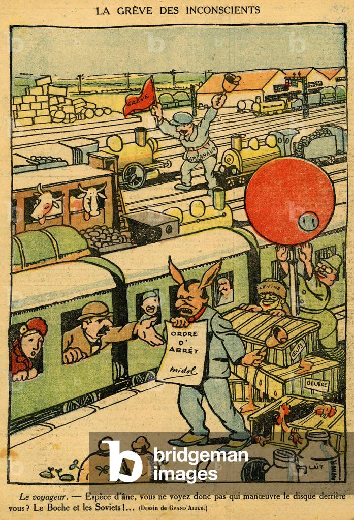 The general strike of the railwaymen French in February 1920, from Le pelerin, March 1920 (colour litho)