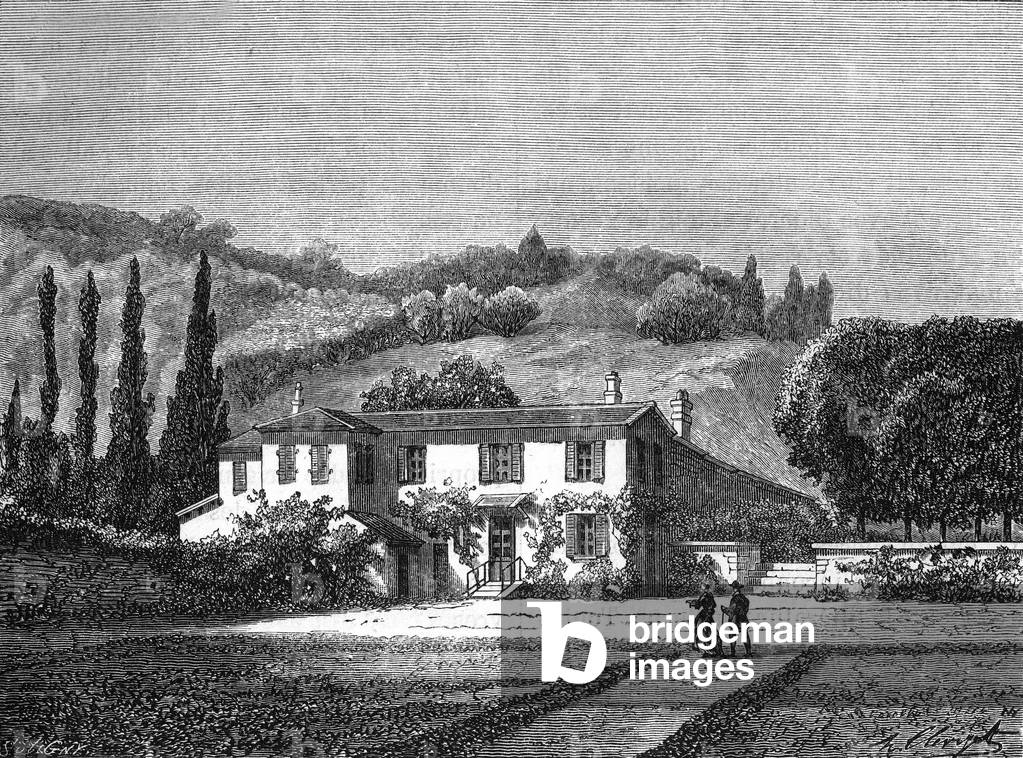 Rousseau's hermitage, 19th century (engraving)