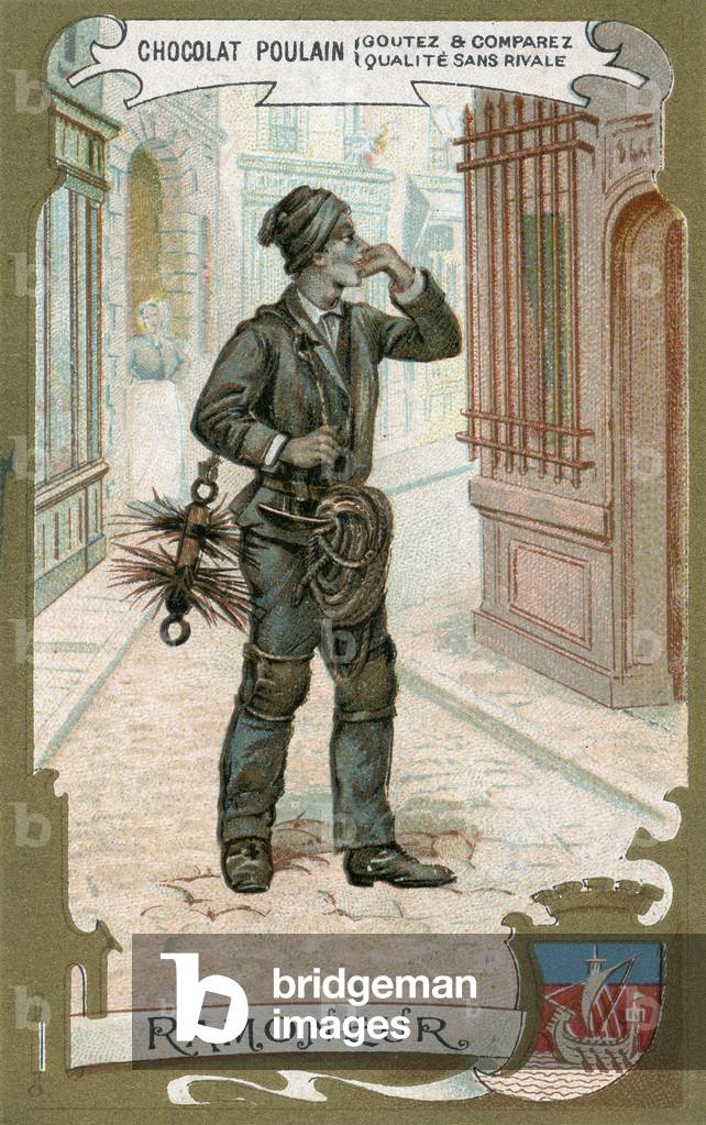 Chimney sweep, advertizing for Chocolate Poulain, Paris, chromo