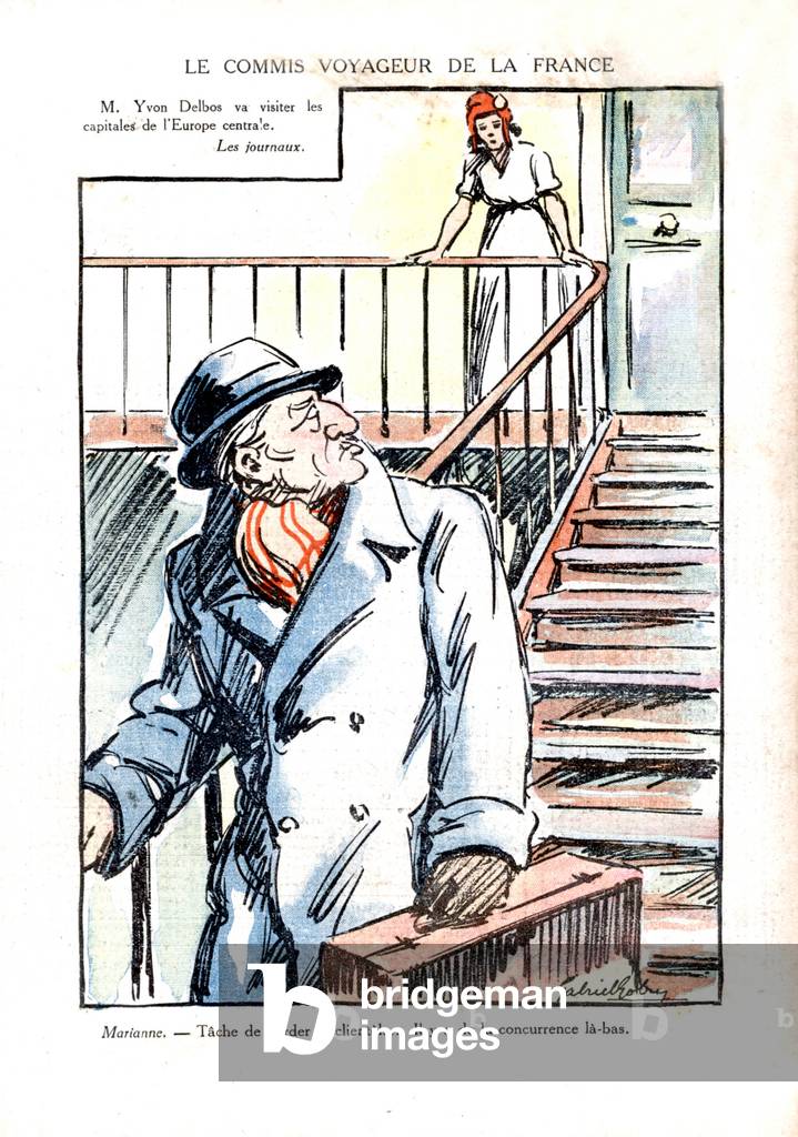 cartoon about French minister of foreign affairs Yvon Delbos before his visit in central europe capital cities, 1937 (print)