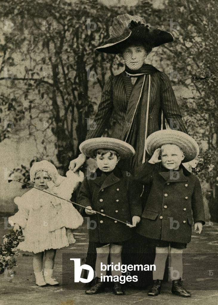 Queen of Spain nee Victory Eugenia of Battenberg 1887 1969 Wife of King Alfonso XIII and three children Prince of Asturias Infant Don Jaime and Princess Beatrice Photograph of 1913