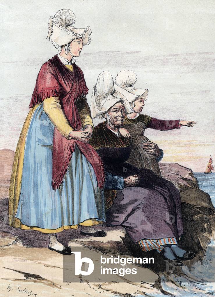 Brittany: traditional suits: women from Saint Servan de Dinard and Saint Malo (engraving)