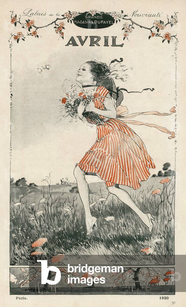 April, happy woman picking flowers in a field, c.1920 (illustration)