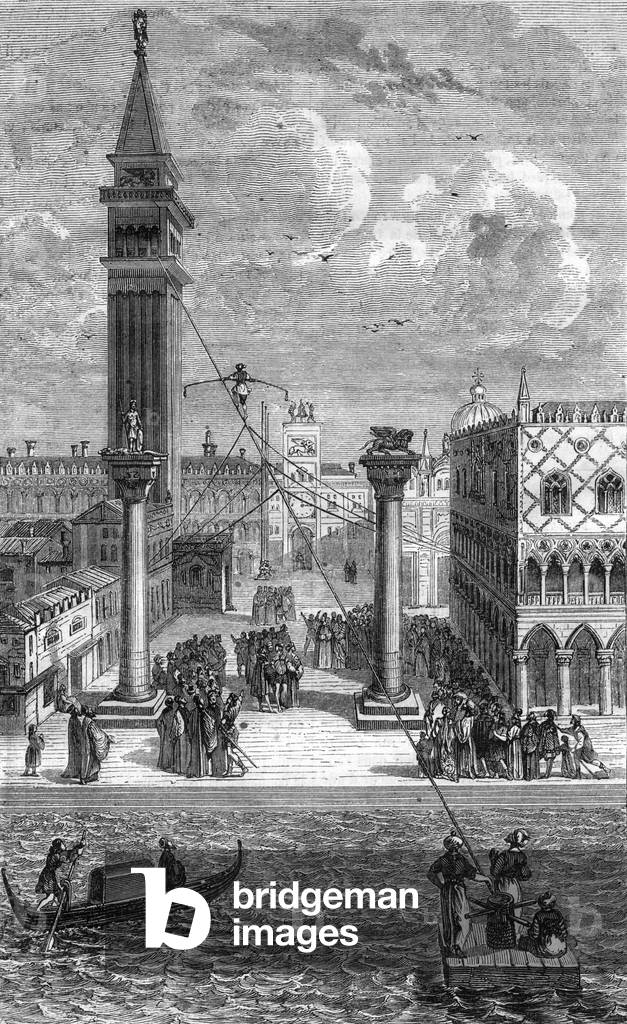 A tightrope walker in Venice, 1847 (etching)