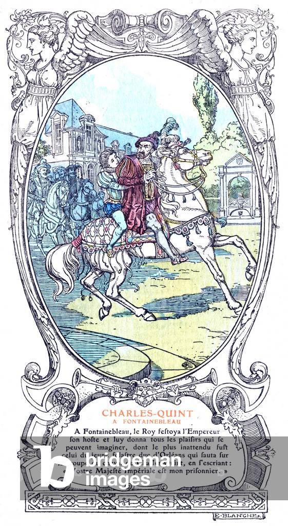 German emperor Charles Quint, guest of French king in 1540 at the castle of in Fontainebleau, France, engraving