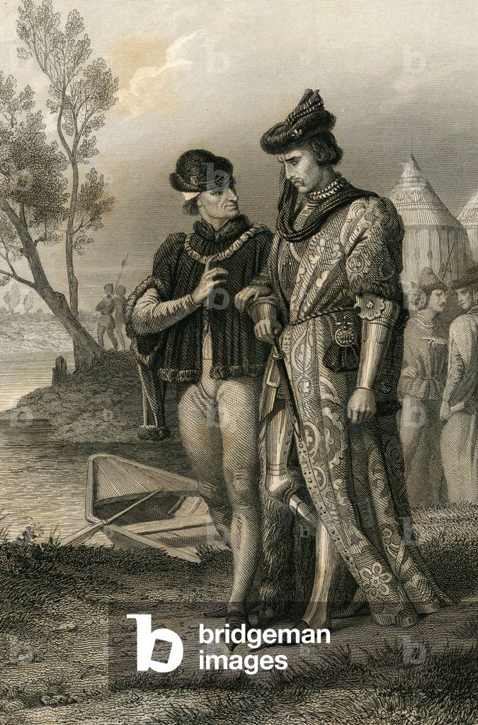 Louis XI and the Count of Charolais engraving published in Histoire de France by Anquetil 1850