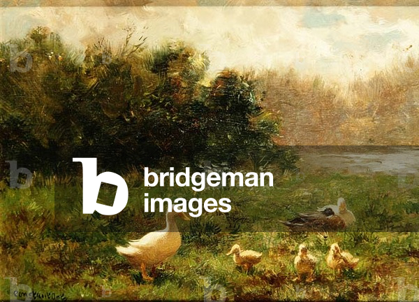 Bild von Gemälde "Ente und Entenküken am Flussufer (Öl auf Leinwand)" von Constant Artz