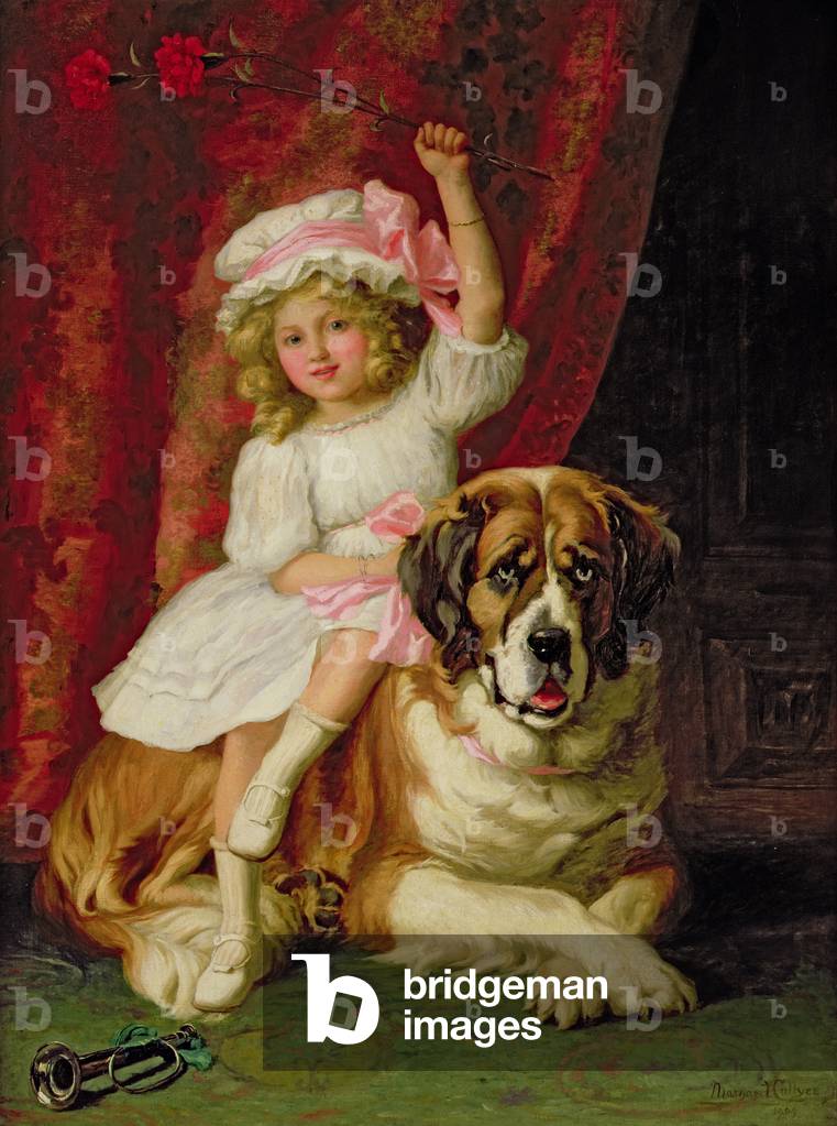 Ein junges Mädchen auf dem Rücken eines Bernhardinerhundes, 1909