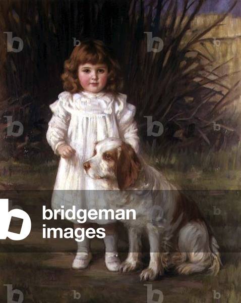 Portrait of a girl in a white dress with a dog