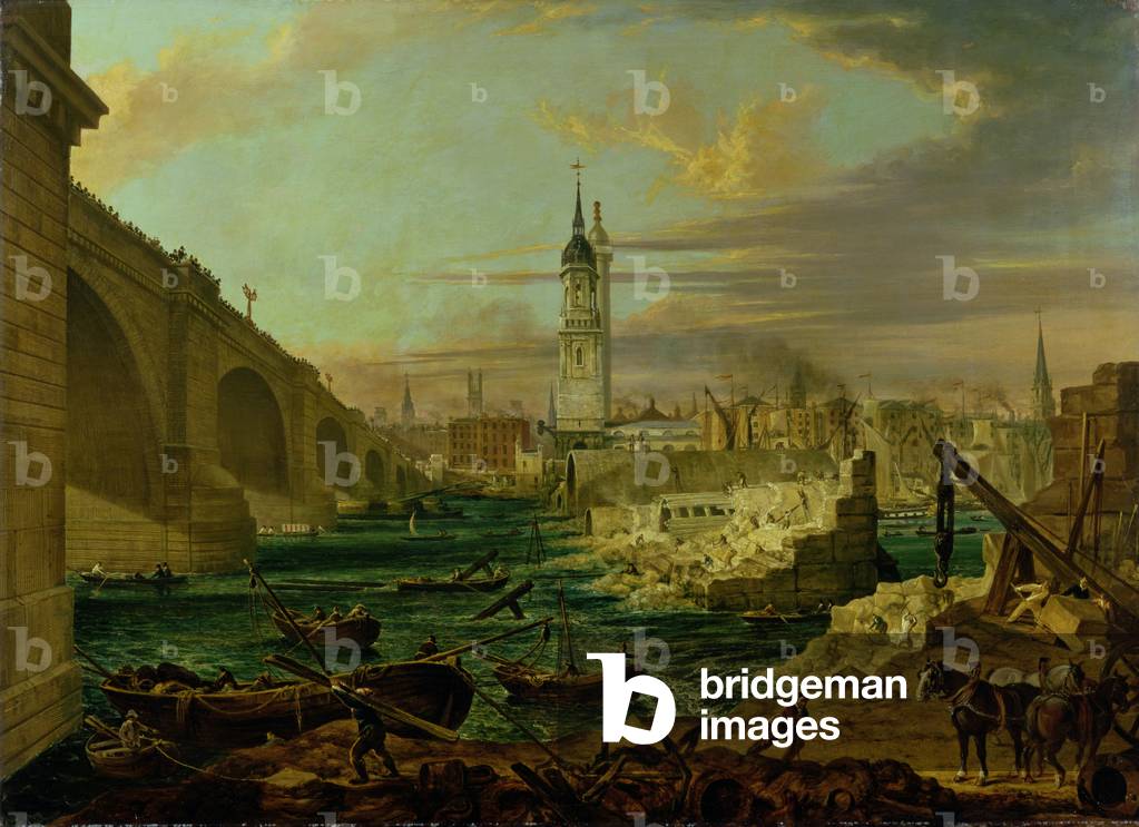 Demolition of Old London Bridge (oil on canvas)