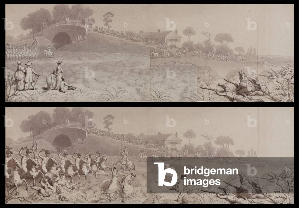 Volunteer review at Wormwood Scrubs showing the Mitre Tavern and the Mitre Bridge, Hammersmith, c.1800 (wash on paper)