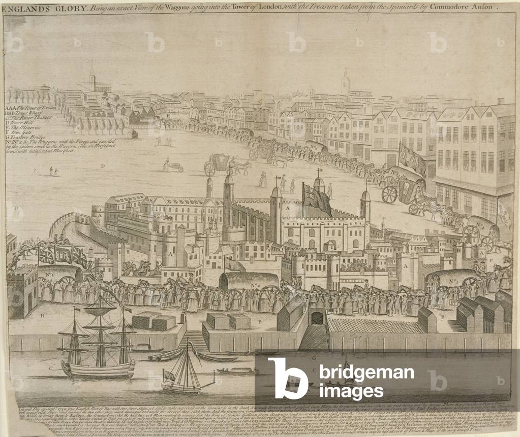 Wagons of treasure being taken into Tower of London, 1744 (engraving)