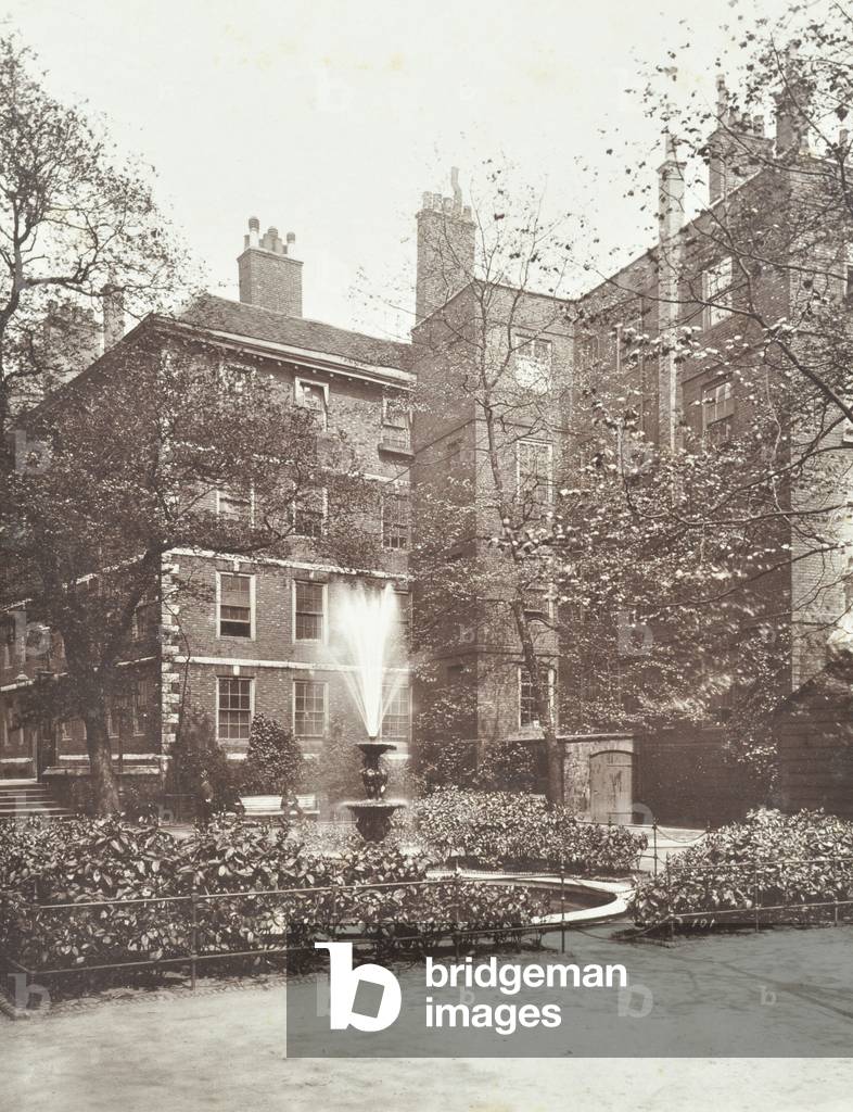 View of water fountain at Middle Temple Fountain Court, London, 1884 (b/w photo)