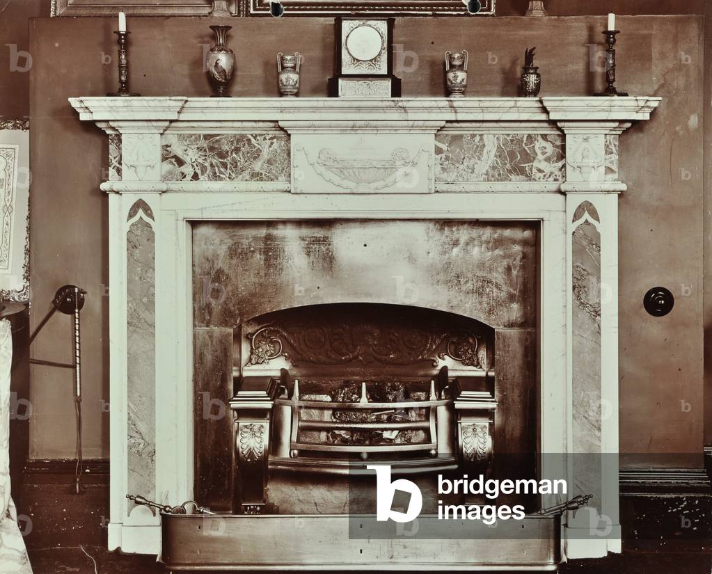Battersea Rise: Battersea Rise house, mantelpiece in school room, London, 1907 (b/w photo)